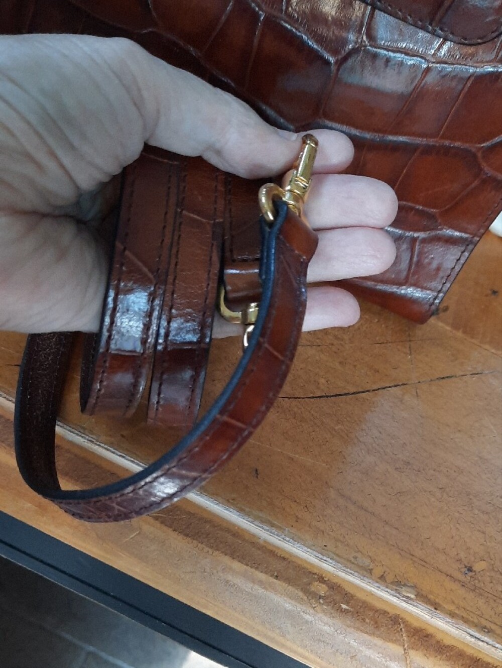 Bally Brown Croc-Embossed Leather Top-Handle Satchel with 'B' Accent - Picture 14 of 14